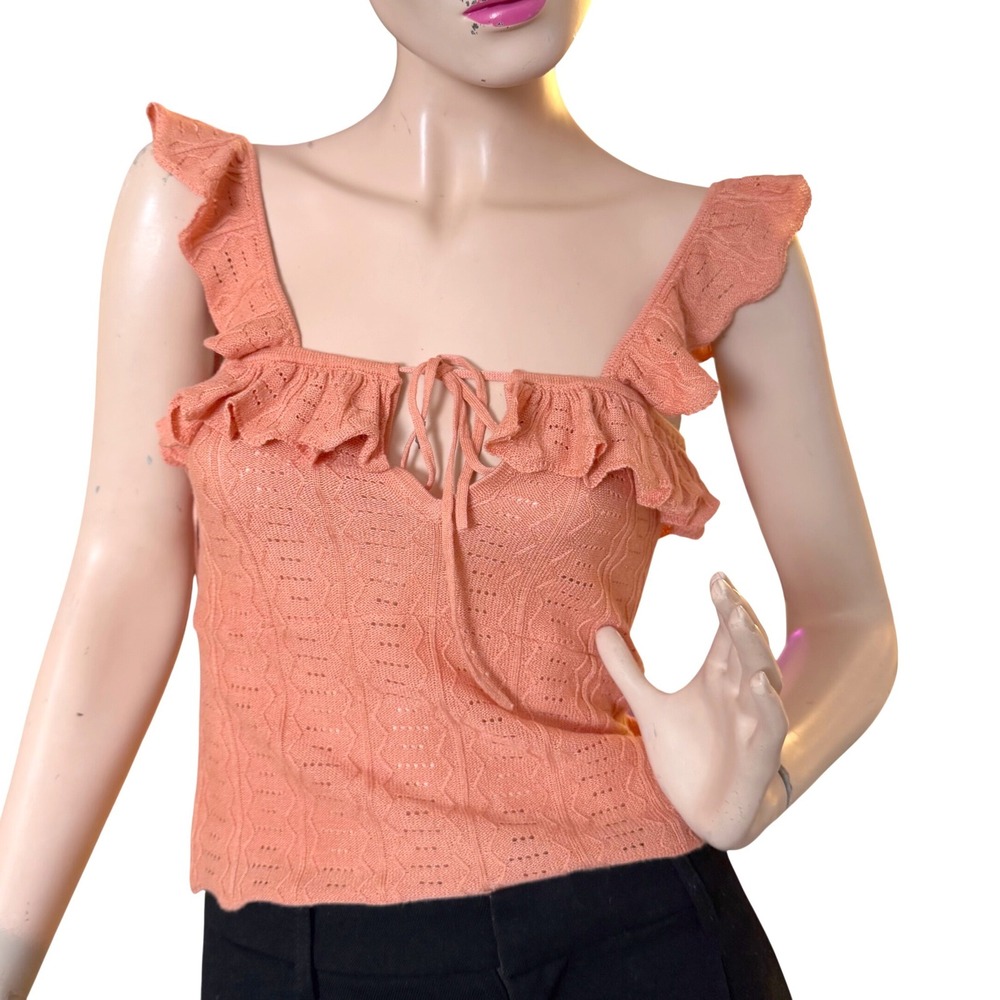 Guess Knit Tank Top Ruffle Pointelle Tie Front Y2K Style Fairycore Coquette S